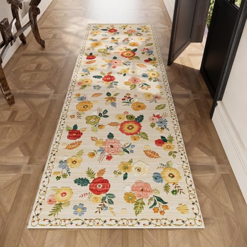 Machine Washable Runner Rug for Hallway: 2'6"x8' Kitchen Runners Rug with Rubber Backing Non Slip Stain Resistant Floral Floor Rug Soft Carpet Runners for Indoor Entryway Bedroom Bedside Living Room