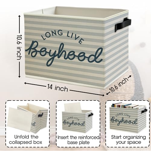 Image of Long Live Boyhood Boys Storage Bins Box with Handles, Light Blue Striped Collapsible Basket Organizer for Kids Boy Nursery Room Bedroom Bathroom Playroom Books Clothes