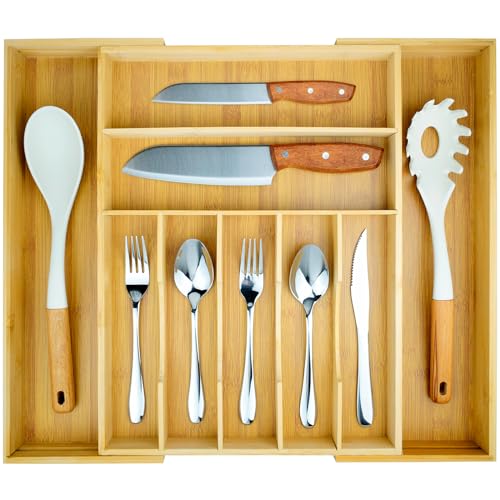 WaMau Expandable Drawer Organizer for Silverware Flatware Knives, Kitchen Utensil Organizer, Utensil Holder, Bamboo Wood Cutlery Tray in Drawer for Spoons Forks