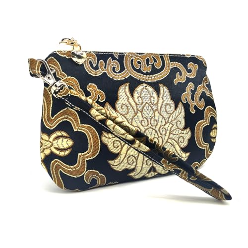 Image of Exquisite Handmade Silk Zipper Jewelry Pouch with Wristlet Strap | Women's Coin Purse Brocade Wallet for Makeup and Gifts, Black