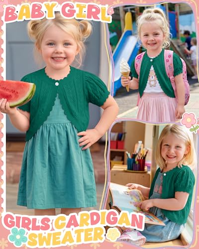 Image of Toddler Girls Cardigan Sweater | Short Sleeve Cardigan, School Wear Sweater, 18M-5T, Knit Baby Bolero Shrug, Cropped Puff Summer Tops, Button Open Front Shirt