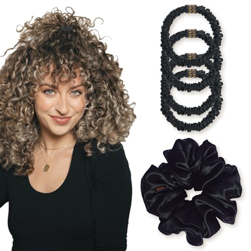 Silk Scrunchies for Women Ponytail Holders – Oversized Mulberry Silk Scrunchies – Extra Large No Damage Hair Ties for Curly, Thick, and Thin - Hair Accessories for Women – Onyx Black, XL By Curlfriend