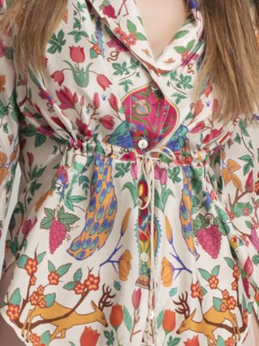 Image of SHAYE Cream Casual Long Sleeves V-Neck Floral Printed Satin Top for Women