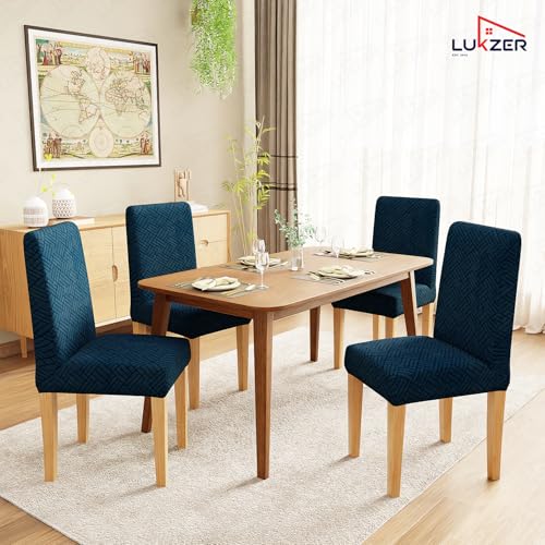 Image of Lukzer Elastic Dining Chair Cover - 2PC Pastel Marine Blue Abstract | Textured High Stretch Jacquard Seat Cover | Removable Washable Short Dining Chair Cover Protector Seat Slipcover | (CC-173-02)
