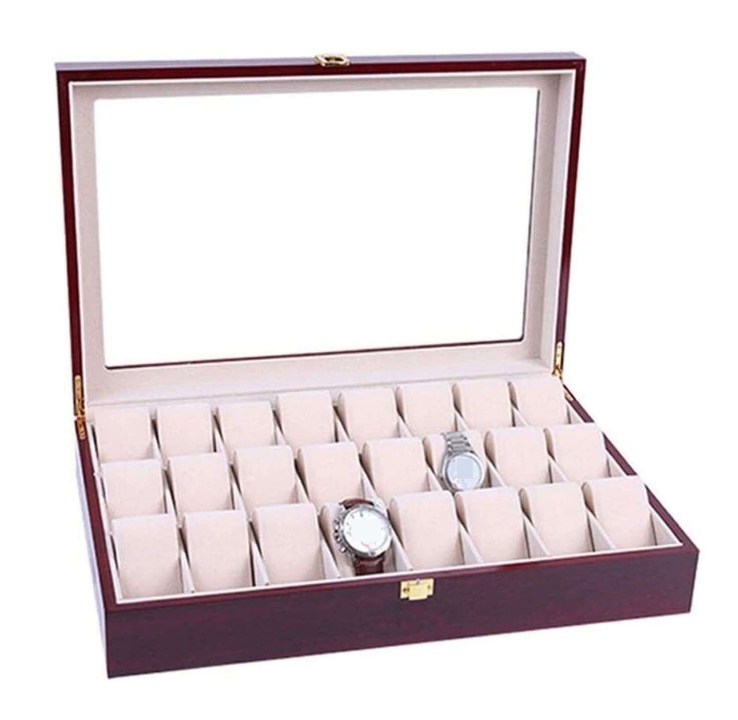 Étui À Montres, Enrouleur De Montres, Rangement Élégant pour Montres Et Bijoux en Bois, Boîte À Montres À 24 Compartiments, Présentoir À Montres Transparent avec Boucle E,