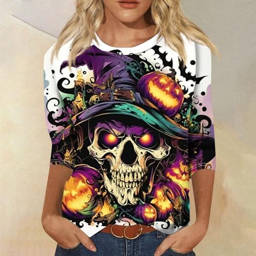 Cute Funny Halloween Shirts for Women Plus Size 3/4 Length Long Sleeve Womens Tops Witch Gothic Renaissance Shirt