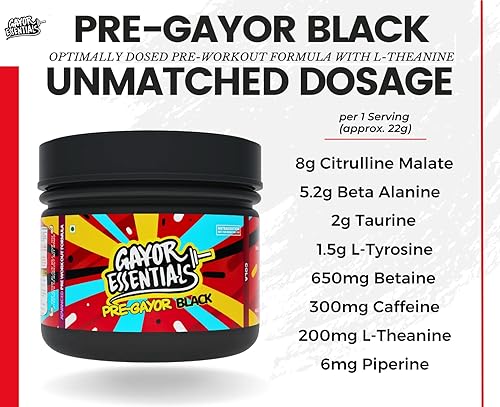 Image of Gayor Essentials Pre Gayor Black Advanced Pre Workout 8g Citrulline Malate Formula with L Theanine Massive Pump Smooth Energy Focus And Concentration 572g /52scoops (Cola)