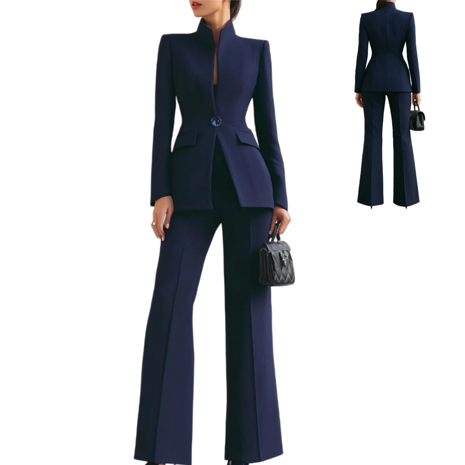 Trajes de negocios para mujer, elegante, cuello alto, blazer de pierna ancha, conjunto de pantalones casuales de negocios, conjuntos de trabajo profesional, conjunto de ropa para mujer