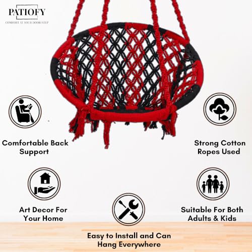 Image of Patiofy Cotton Round Swing Chair for Adults and Kids /Swing for Home, Balcony /Jhula for Adults /Jhoola for Living Room /Suitable for Indoor & Outdoor /with Hanging Kit (Red-Black)