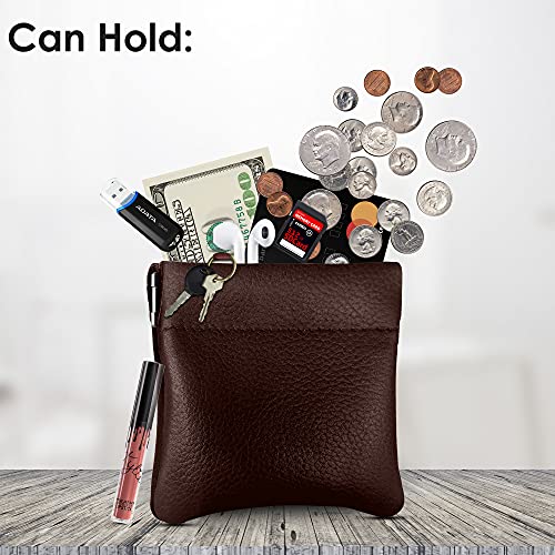Image of Classic Leather Squeeze Coin Purse change Holder For Men, Pouch size 3.5 in X 3.25 in. high, Brown