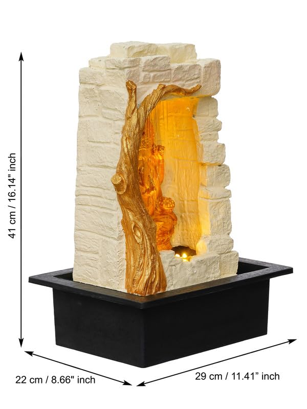 Image of Polyresin Golden Colour Ganesha Idol Table Top Home Decor Indoor Front Curtain Style Waterfall Fountain with Yellow LED & Speed Controller Pump (Size: 40 x 29.5 x 22CM | Weight: 2265grm)