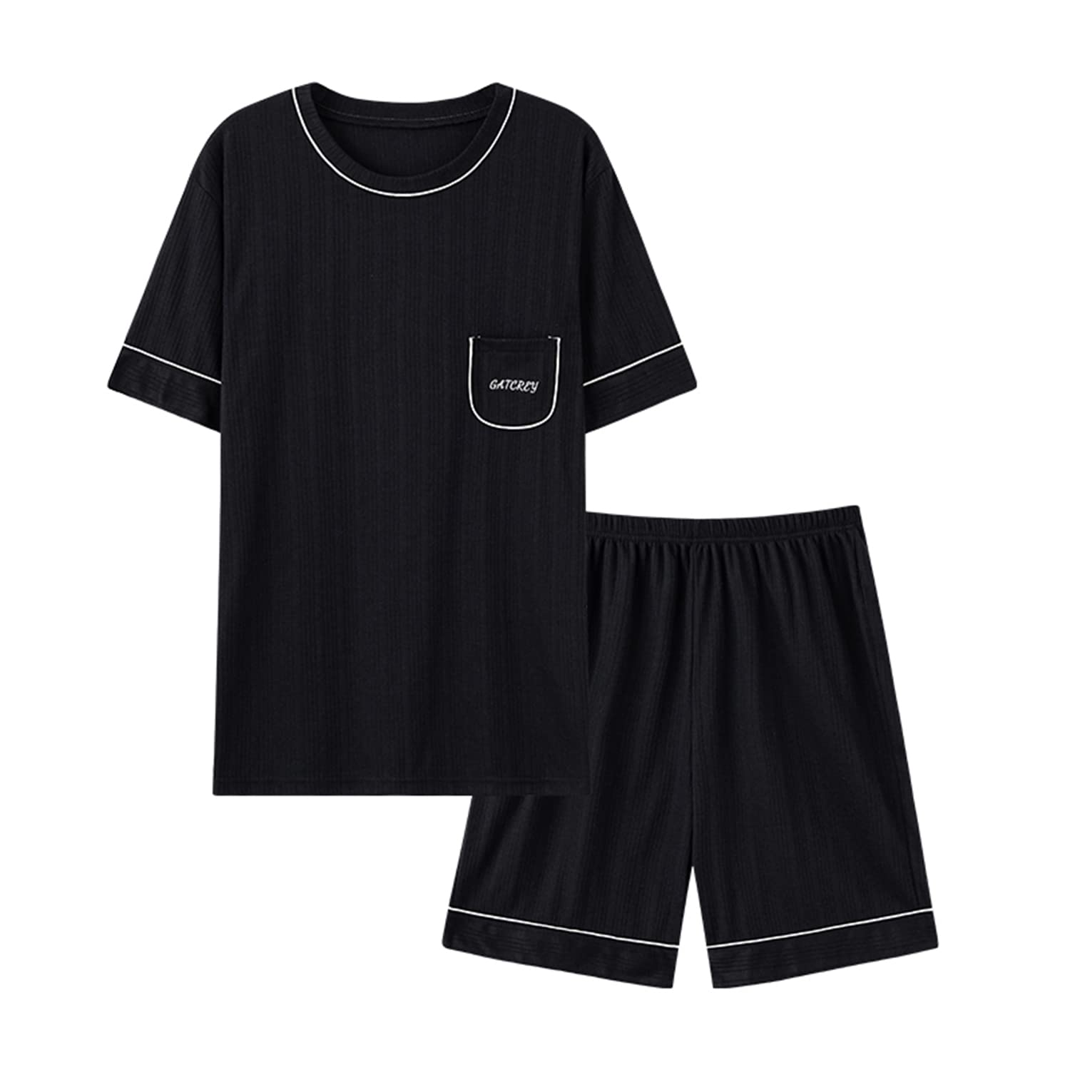 Mens Short Striped Pyjama Set Cotton Men Pyjamas Set Summer Loungewear Sleepwear Striped Top and Bottoms Shorts Nightwear Black S
