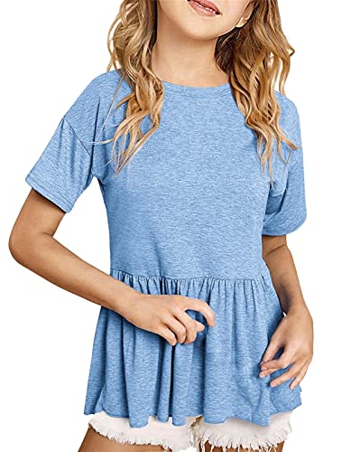 Image of Ebifin Girls Short Sleeve Tops Kids Peplum Babydoll T Shirts Tees 4-15Y | Girls T-Shirts, Crew neck Short Sleeve Shirts, Casual Tunic Tops, Cute Blouses, Summer Tees, Ruffle Hem, Loose fit