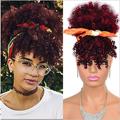 Afro Puff Ponytail Drawstring with Bangs Synthetic 8inch Short Kinky Curly Drawstring Hair Bun Pony Tail with Fringe for Black Women Clip in on Wrap Updo Hair Extensions (1BTBUG)