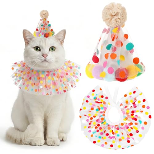 Cat Birthday Hat and Bandana Cute Cat Party Costume Outfit Small Cats Kitten Party Hat Lace Bib Scarf for Birthday Celebrations Photograph