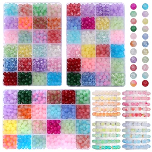 1800Pcs Glass Beads Jewelry Making Kit -Crackled, Bicolor, Monochrome 8mm 3 in 1 Crystal Beads Bracelet Making Kit, 32 Colors DIY Jewelry and Craft Art Making Kit for Beginners Round Jewelry Making