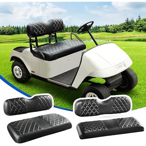 NOKINS 4PCS Golf Cart Diamond Seat Covers Kit, Front&Rear Seat Covers Fits EZGO TXT 1994-2013/EZGO RXV Original Regular Seat Cushion, EZGO Vinyl Seat Cover Accessories, No Staples(Black&Black Stitch) Cover