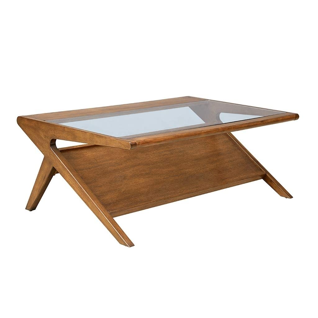 Ink Ivy Rocket Coffee Table - Solid Wood Glass Tempered Tabletop with Lower Magazine Display Shelf Industrial Vintage