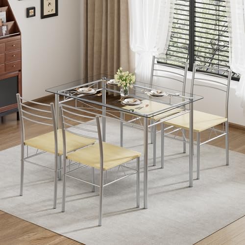Image of VECELO Dining Table Set for 4, 5-Piece Glass Kitchen Table with Chairs for Small Space, Breakfast Nook, Space-Saving, Silver