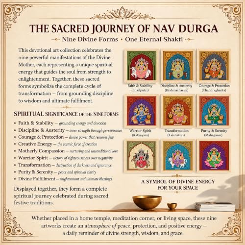 Image of Nine Forms of Nav Durga Wall Art Painting Set of 9 with Frames 9x9 Inch, Hindu Goddess Navratri Decorative Wall Paintings & Showpiece, Spiritual Religious Wall Decor for Living Room, Pooja Room