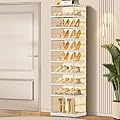 CIMLORD 9-Tier Foldable Shoe Rack for Closet Entryway 9-18Pairs,Stackable Clear Shoe Storage Boxes Organizer with Door Plastic Small Shoe Cabinet Bins with Lids Narrow Shoe Shelf Easy Assembly