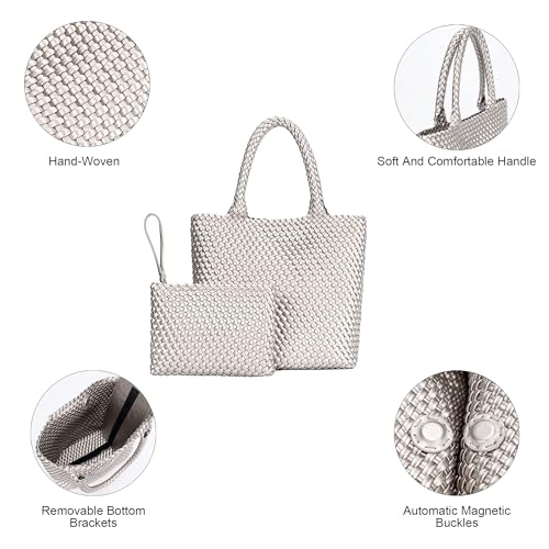 Image of BAGOK Woven Tote Bag for Women, Handwoven Vegan Leather Shoulder Bag with Clutch, Large Tote for Work, Travel & Beach