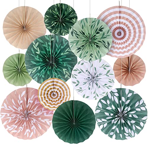 Image of Thenshop 12 Pcs Sage Green Hanging Paper Fans Boho Hanging Ceiling Decoration Vintage Floral Round Paper Fans Garden Themed Party Decor for Tea Party Wedding Garden Bridal Birthday Indoor Outdoor