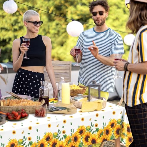 Image of Ganeen 3 Pcs Sunflower Tablecloths Disposable Plastic Yellow Floral Party Table Cloth Waterproof Rectangle Table Cover for Indoor Outdoor Birthday Baby Shower Sunflower Party Decoration, 54 x 108 Inch