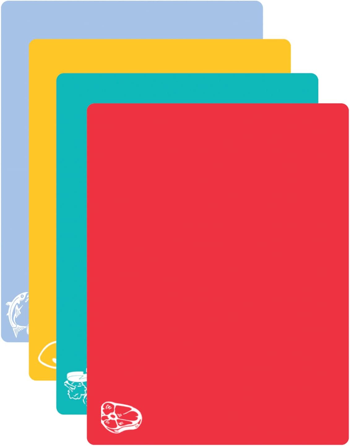 Cut N' Funnel Color Coded Flexible Plastic Cutting Board Mats with Food Icons 4 Pack Made in the USA Flexible, BPA Free, Dishwasher Safe 15" by 11.5"