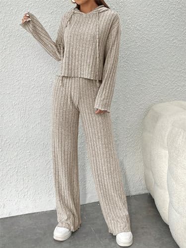 SotRong Ribbed Lounge Wear Sets for Women Uk Two Piece Leisure Outfit Matching Sets for Women Clothes Hooded T Shirts Elastic Waist Trousers Apricot L