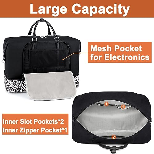 Image of Travel Weekender Bag for Women, 21 inch Overnight Bag with Shoe Compartment 50L Large Travel Duffel Bag Carry On Tote for Weekend, Overnight, Business Trips, Water Resistant, Q- Black&Leopard, Large