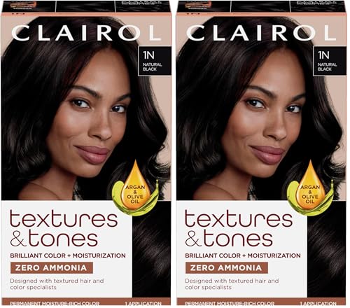 Clairol Textures & Tones Permanent Hair Dye, 1N Natural Black Hair Color| Ammonia Free | Moisture-Rich Formula with Argan, and Olive Oil for Brilliant Shine | Pack of 2