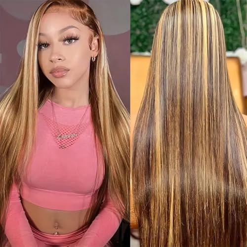 KFgood Ombre Lace Front Wig Human Hair 28inch Highlight 13x4 HD Straight Lace Front Wigs Human Hair 200% Density 4/27 Colored Honey Blonde Wig Human Hair Glueless Pre Plucked with Baby Hair