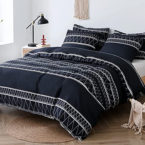 Lekesky Double Duvet Cover Set Black Bedding Set Boho Stripe Print Double Duvet Set including Zipper (1x Quilt Cover + 2x Pillowcases) Ultra-Soft Microfiber Black Bedding