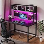 Black Gaming Desk with Hutch and Pegboard - 47 Inch Gaming Desk with Shelves Storage Power Outlets, Computer Teen Work Study Writing Desks for Bedroom Home Office - Image 2