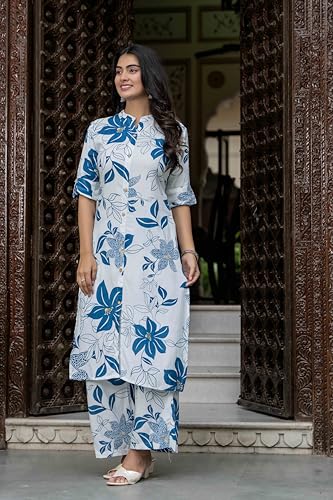 Image of Women's Floral Print Rayon Kurta Palazzo, Round Neck Half Sleeve, Regular Fit, Ethnic Casual Wear