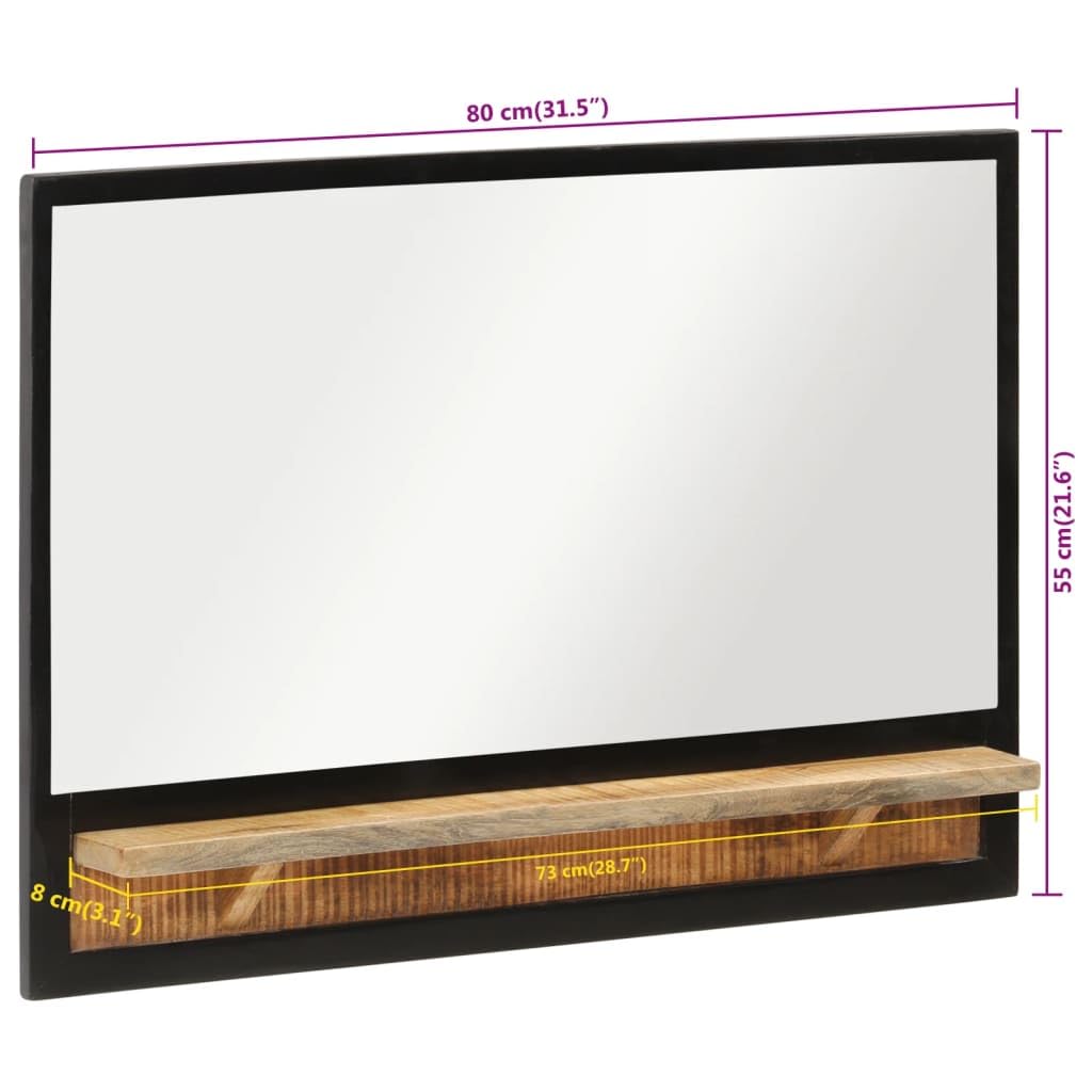 Spiegel mit Ablage aus Glas und massivem Mangoholz 80 x 8 x 55 cm, Wandspiegel für Bad, Flur, Schlafzimmer, Stauraum für Kosmetik und Rasur-Accessoires