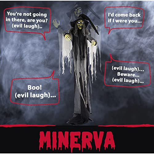 Haunted Hill Farm 9.5-Ft. Animatronic Witch, Indoor or Covered Outdoor Halloween Decoration, Prop With Light-up White Eyes, Poseable and Battery Operated Fright Prop for Home