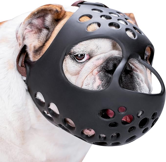 Short Snout Dog Muzzle, Soft Silicone Flat Faced Muzzle for French Bulldog Shih Tzu Pug, Prevents Biting Chewing Licking, Ideal for Grooming Training Walking, Allows Drinking and Panting (27-32cm)