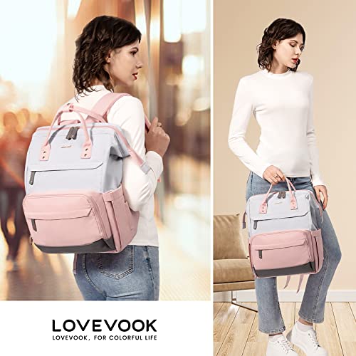 Lovevook Laptop Backpack For Women, 15.6 Inch Work Business Backpacks Purse With Usb Port, Large Capacity Educators Doctor Nurse Bag Backbag, Waterproof Casual Daypack For Travel,Grey-Pink #TOP5