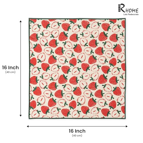 Image of R home Set of 6 - 16x16 Inch (40x40 cm) Strawberry Print Cotton Napkins | Soft Slub Cotton Dining, Cocktail & Kids Napkins | Reusable Machine Washable Cloth Napkins with Peko Borders
