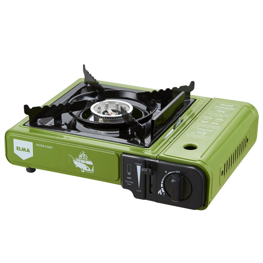 Fornello a Gas Portatile Elma Outer Start Compatibile con Cartucce Butano EN417 e Bombole Butano/Propano, Ideale per Campeggio, Viaggi e Outdoor | con Valigetta di Trasporto, 2,3 Kw, Verde