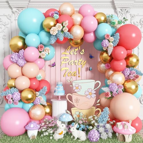 Balloon Arch Garland Kit, Colorful Pastel Coral Red Pink Orange Mint Teal Blue Champagne Gold Multi Coloured Assorted Macaron Latex Balloons for Birthday Wedding Baby Shower Rainbow Party Decorations