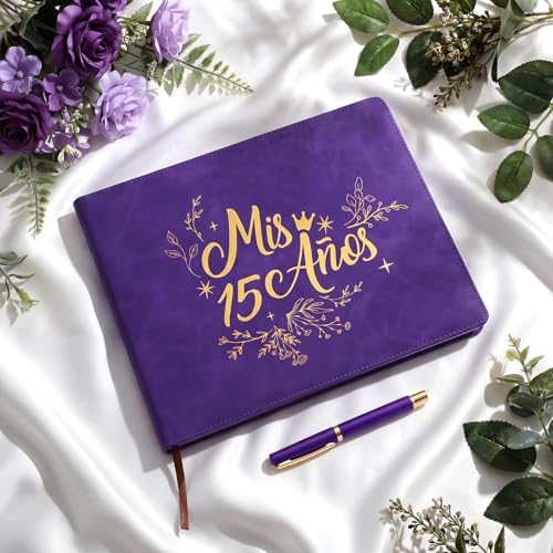 Image of MotiMind Quinceanera Guest Book with Pen 11 x 8 Inch Libro De Firmas Para 15 Anos Quinceanera Leather Hardcover Signature Guest Sign in Book for 15th Party Favors Decoration(Dark Purple,Vintage)