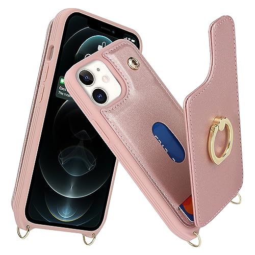 Image of for iPhone 12 Mini Case with Card Holder and Strap for Women,Crossbody Lanyard,Kickstand Ring Stand,Snap Clasp,RFID Blocking,Phone Wallet Cases 5.4 inch(Rose Gold)