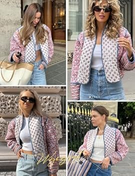 Wyeysyt Dames bijgesneden puffer jas lichtgewicht bloemenprint lange mouwen gewatteerde puffy cardigan jas, Rood, M