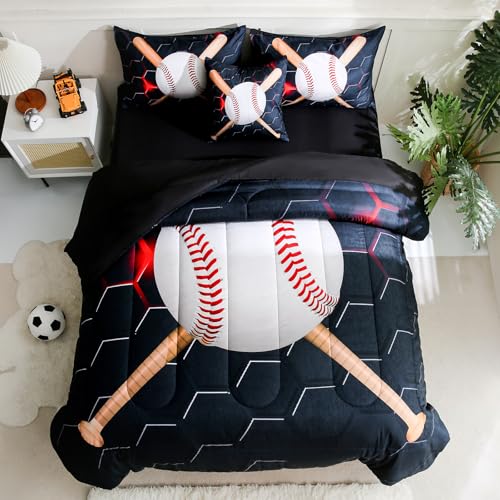 Tasselily 6pcs Baseball Twin Bedding Sets for Boys,Sports Black Twin Size Comforter Set with Sheets for Boys Kids Teens