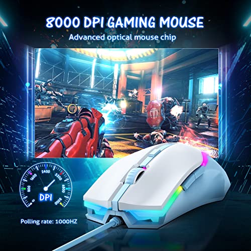 Weemsbox Gaming Mouse Wired With 7 Rgb Backlit Modes, White Gaming Mouse [8000 Adjustable Dpi]- 6 Programmable Buttons, Ergonomic Computer Mouse For Windows Pc Gamer #TOP1