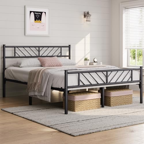 Yaheetech 5ft King Bed Frames Metal Slatted Bed Platform with Arrow Design Headboard Under-bed Storage No Box Spring Needed Black