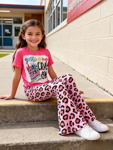 Image of Ayzozuy Kids Toddler Girl Clothes Letter Print Graphic Top + Leopard Print Flare Leg Pants 2PC Summer Clothing Set